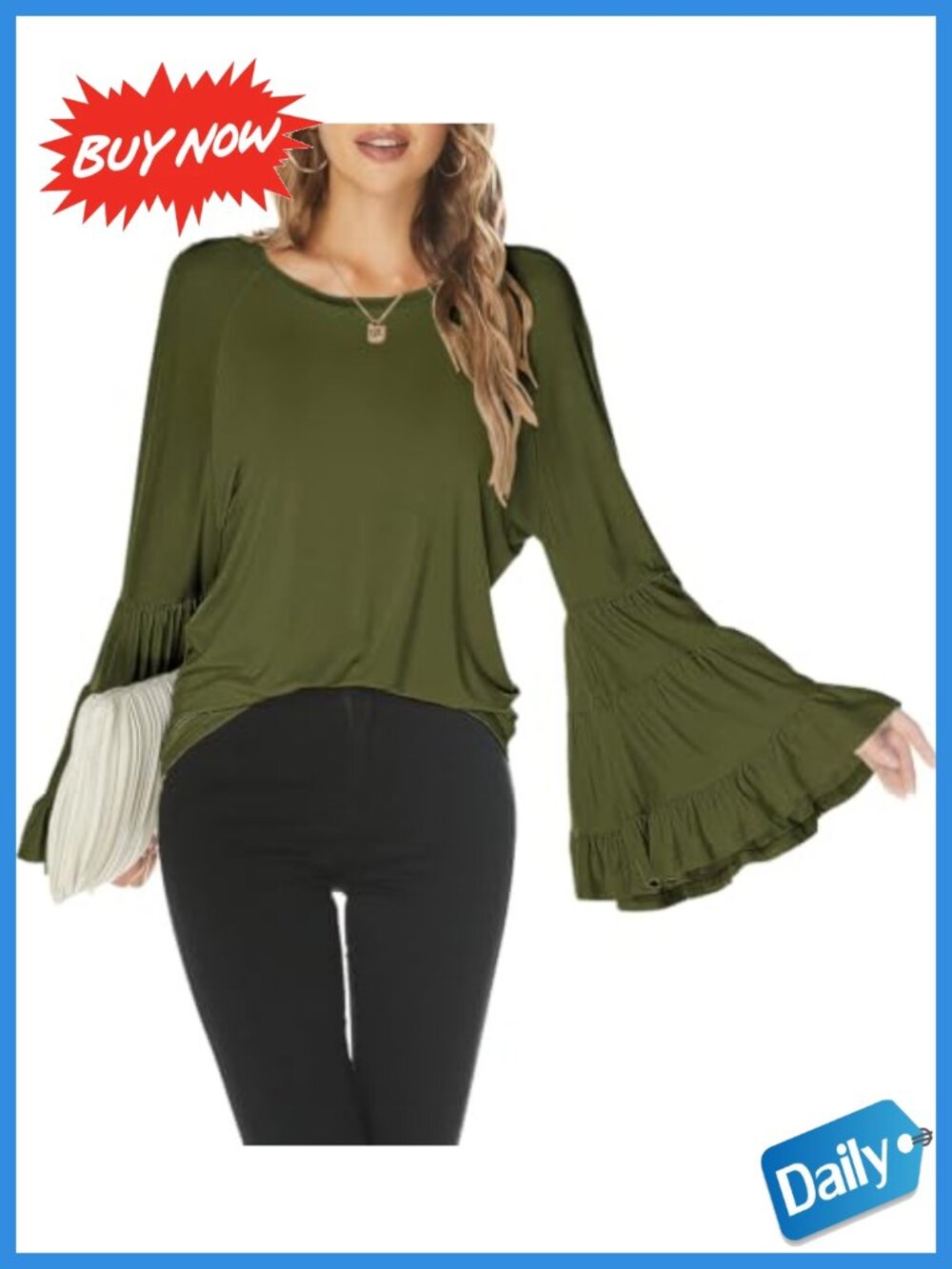 Hount Rayon Spandex Bell Sleeve Blouse Crew Neck Loose Fit Top